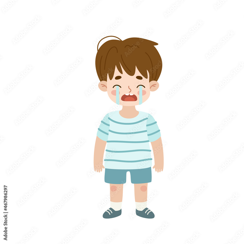 Little boy standing and crying. Sad expression of toddler. Weeping cute child. Upset kid.