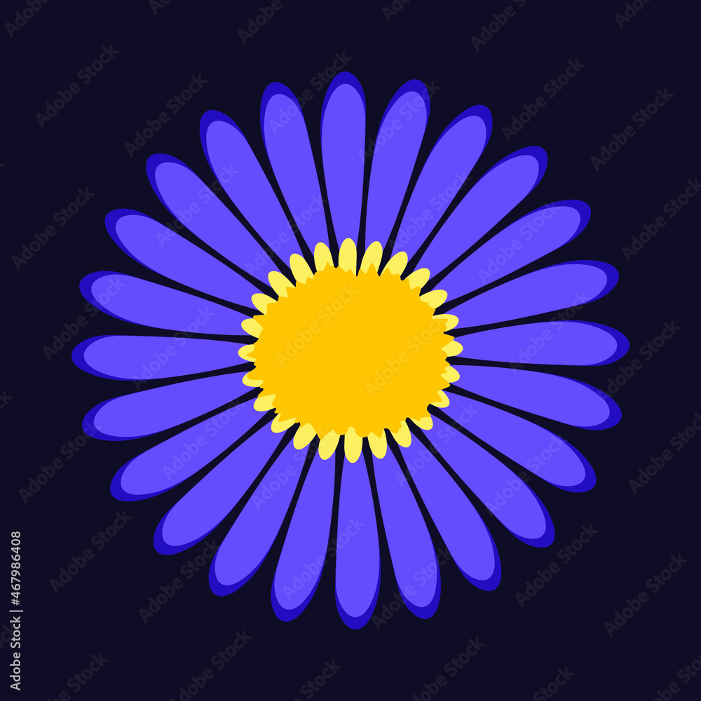 Chamomile flower on a dark blue background. Postcard in modern flat style. Summer cute floral print. Vector.