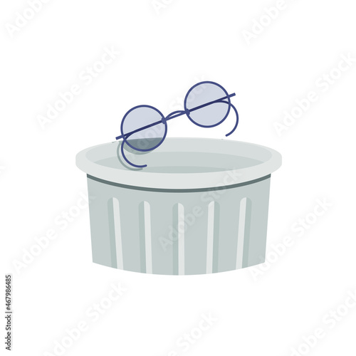 Throw your glasses into the trash can. Vector illustration, flat minimal cartoon design, isolated on white background, eps 10. Concept: laser vision correction, contact lenses.