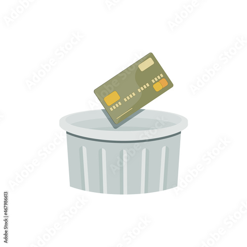 Throw your bank card into the trash can. Vector illustration, flat cartoon minimal design isolated on white background, eps 10.