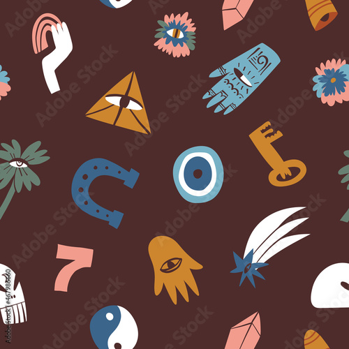 Lucky charms esoteric seamless pattern. All-seeing eye, four-leaf clover, devil eye, falling star, hamsa, key, rainbow.