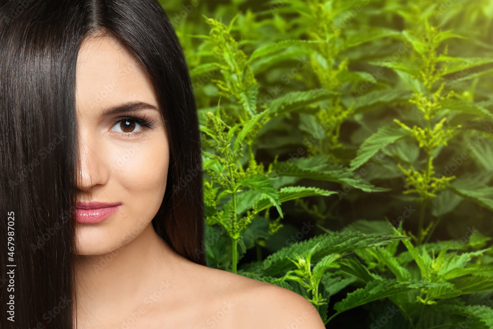 Natural hair care. Beautiful young woman and green stinging nettles Natural hair care. Beautiful young woman and green stinging nettles