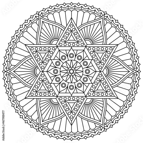 Coloring page with mandala with six-pointed star and floral pattern. Vector drawing.