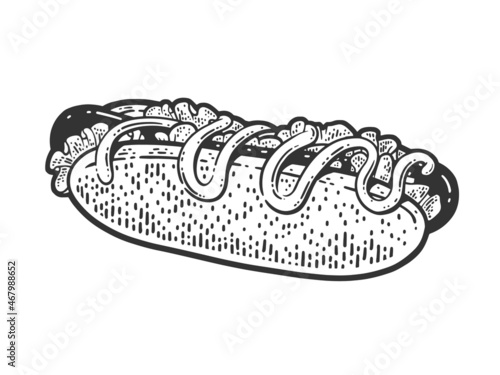Hot dog sketch engraving vector illustration. T-shirt apparel print design. Scratch board imitation. Black and white hand drawn image.