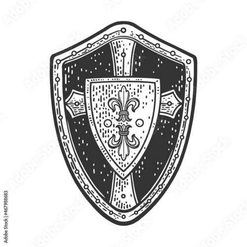 vintage knight shield sketch engraving vector illustration. T-shirt apparel print design. Scratch board imitation. Black and white hand drawn image.