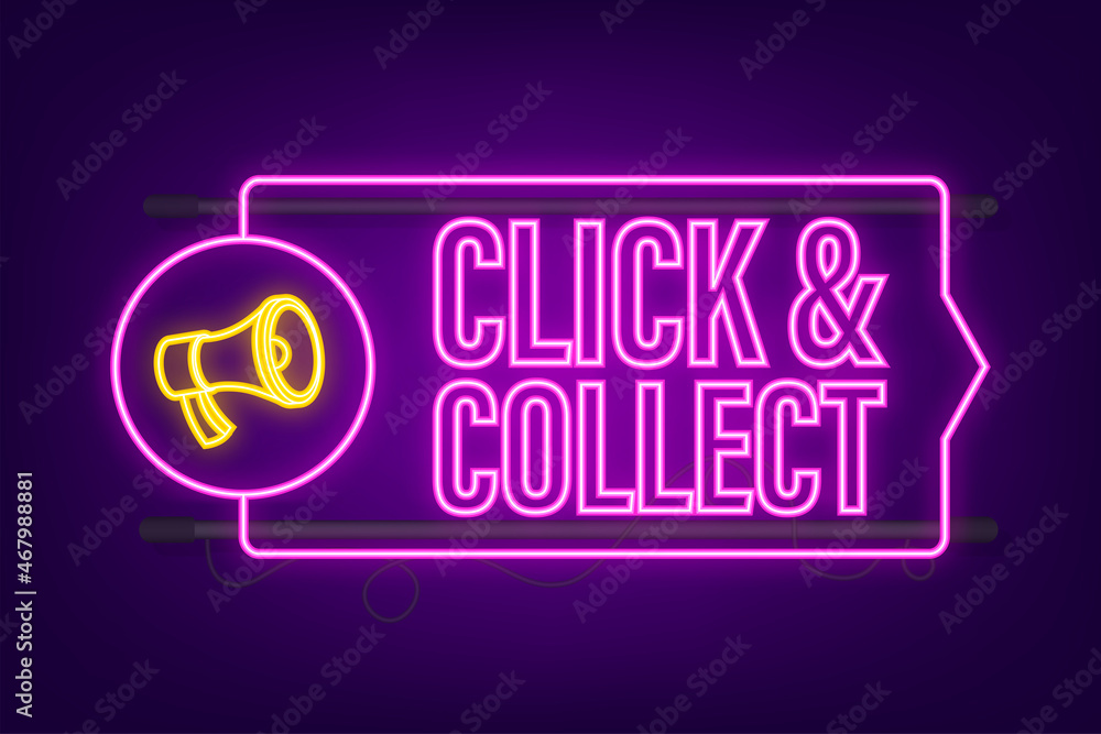 Megaphone click and collect banner. Neon style. Website icon. Vector stock illustration