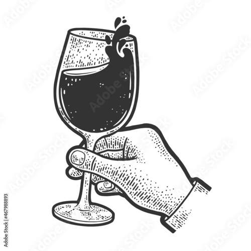 hand with splashing glass of red wine sketch engraving vector illustration. T-shirt apparel print design. Scratch board imitation. Black and white hand drawn image.