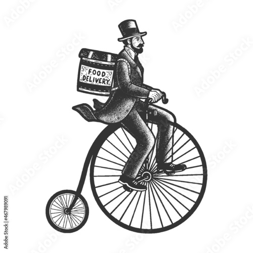 Vintage food delivery man on high wheel Penny farthing bicycle sketch engraving vector illustration. T-shirt apparel print design. Scratch board imitation. Black and white hand drawn image.