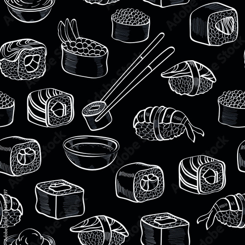 sushi rolls, fish hand drawn, isolated seamless chalk pattern on dark background. Concept for menu. cards, print
