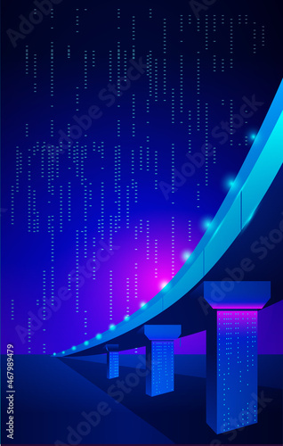 A fantastic cyberpunk landscape with streams of information in the sky. Modern industrial landscape with overpasses in neon colors.Vector template for a vertical banner.