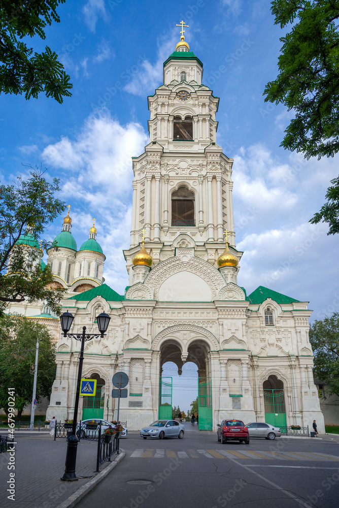 Fototapeta premium View of the Prechistenskaya bell tower, September evening. Kremlin in Astrakhan