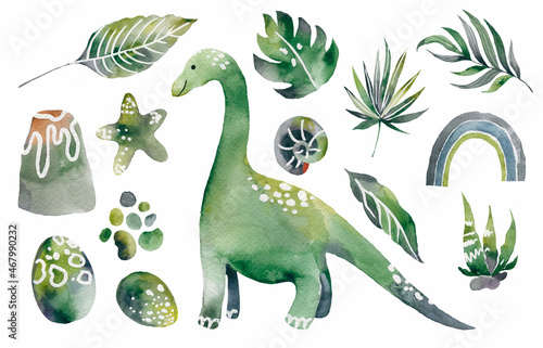 Brachiosaurus Dinosaur poster. Cute Dino and other fantastic elements of nature of the prehistoric period.