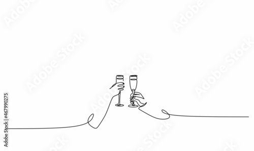 linear drawing with one line of a young couple with glasses of wine in the style of minimalism