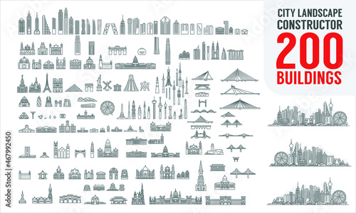 City Constructor. City skyline and 200+ buildings. Collection of building icons in liner style. Bridges,  skyscrapers, iconic places, trees and bushes. Editable stroke. photo