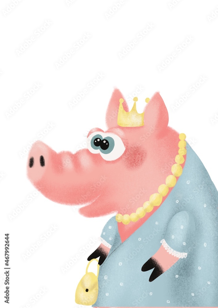 Cute cartoon queen pig in blue dress 