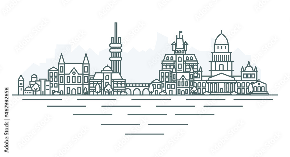 City of Prague, Czech Republic architecture line skyline illustration. Linear vector cityscape with famous landmarks, city sights, design icons, with editable strokes isolated on white background.