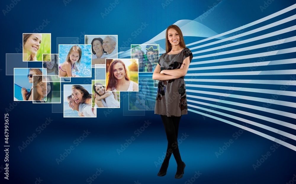 Fototapeta premium Online Live Conference Event With Virtual Audience and woman