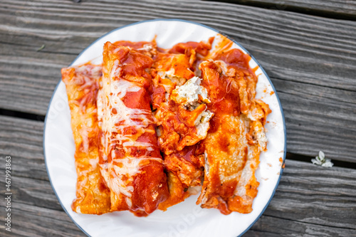 Flat top above view of plate with pile of homemade Mexican food enchiladas with tomato sauce, tortilla and melted cheese photo