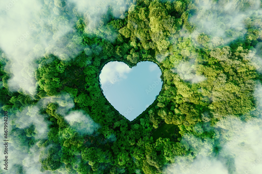 A heart-shaped lake in the middle of untouched nature - a concept illustrating the issues of nature conservation, bio-products and the protection of forests and woodlands in general. 3d rendering. - obrazy, fototapety, plakaty 