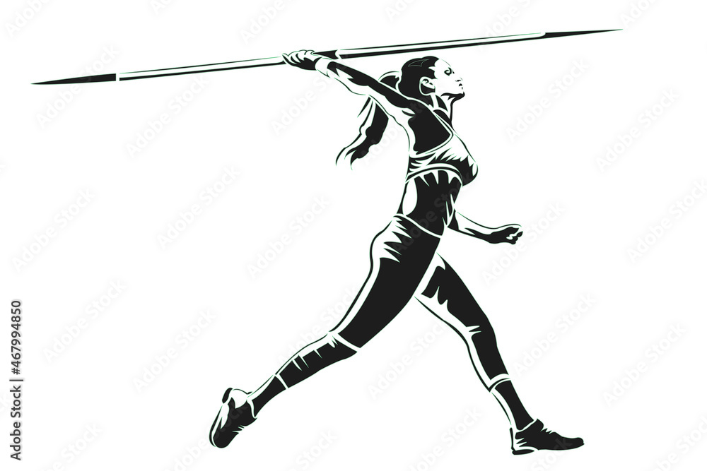 isolated illustration of woman thrower , black and white drawing, white background isolated illustration of woman thrower , black and white drawing, white background