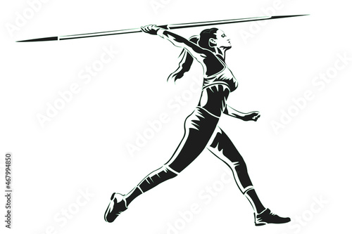 isolated illustration of woman thrower , black and white drawing, white background