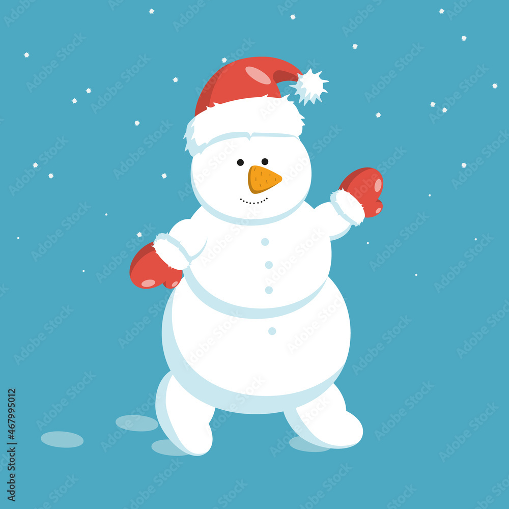 Snowman walks in a Christmas red hat and mittens.