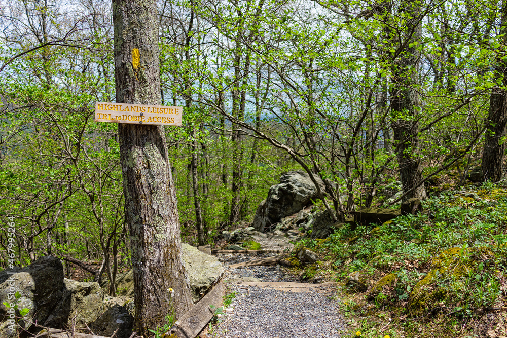 Sunny weather at Wintergreen ski resort village town with steps stairs on nature Highlands