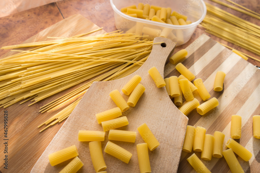 Different types of pasta Cellentani, Tortiglioni, Farfalle, spaghetti