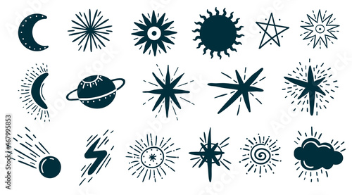 Set of space objects. Stars, comets, planets, celestial bodies in doodle style