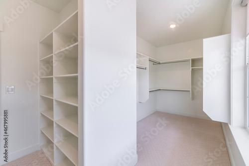 Master closet interior with window and carpeted flooring