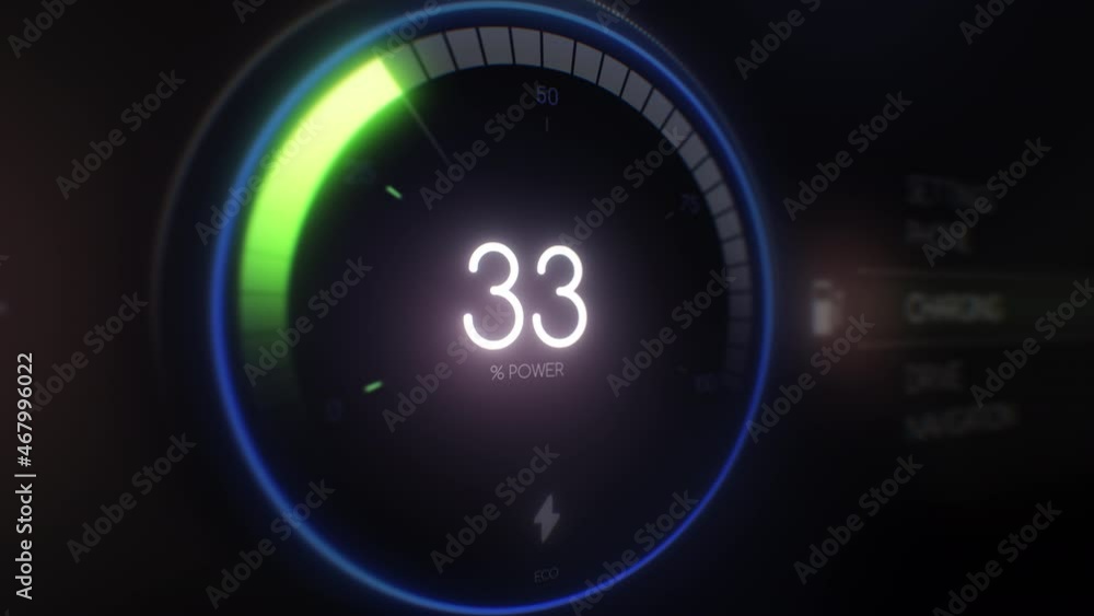 Electric Car Dashboard battery indicator showing Progress of the Charging. Hybrid electric car in charge. Electric Car Battery Gauge. Green energy in car industry. Eco friendly future. UI animation Electric Car Dashboard battery indicator showing Progress of the Charging. Hybrid electric car in charge. Electric Car Battery Gauge. Green energy in car industry. Eco friendly future. UI animation