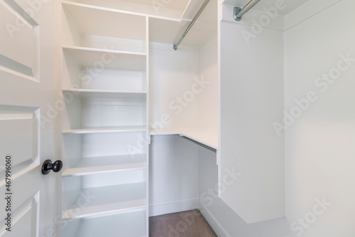 Small walk in closet with white interior and carpeted flooring