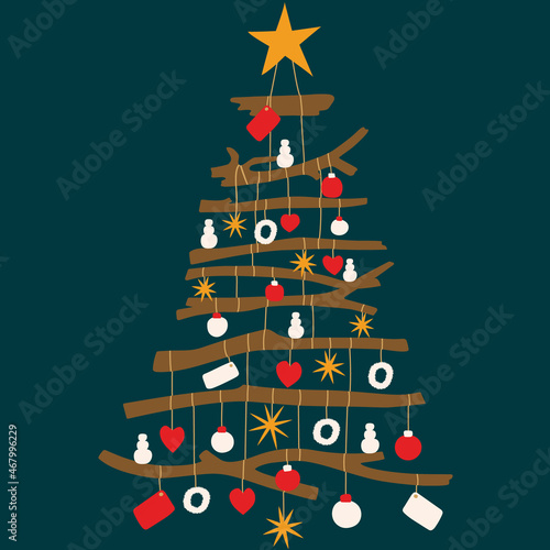 New Year tree made of wooden branches. New Year 2022. 