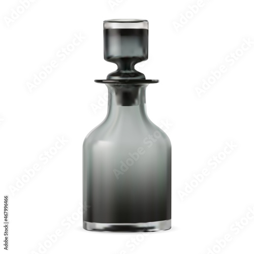 Whiskey decanter. Black glass crystal decanter, wine carafe vector illustration. Gin or bourbon bottleIrish scotch restaurant jar, alcoholic beverage. Transparent vodka bowl