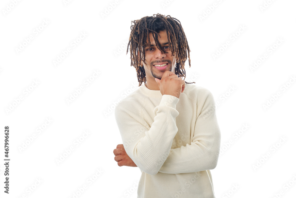 Smiling man with hand on chin while standing on an isolated background. Smiling man with hand on chin while standing on an isolated background.