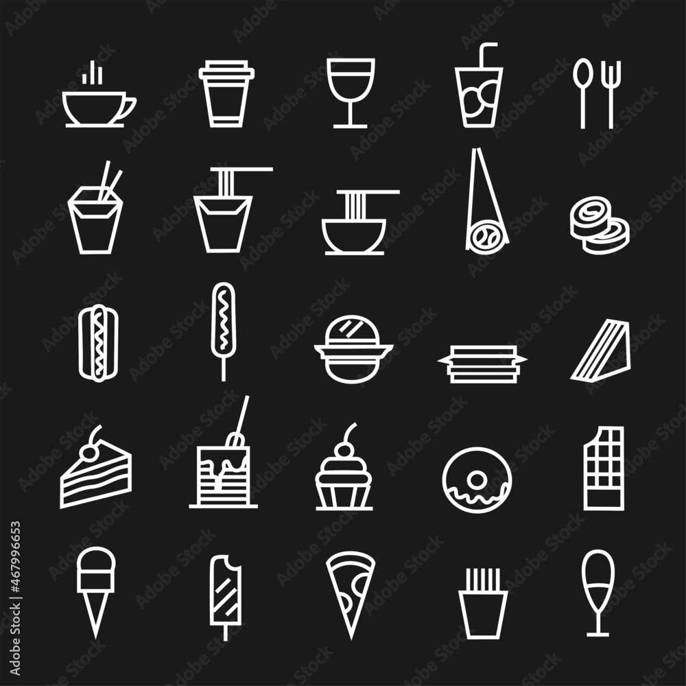 Food icons. Set of icon: drinks, sweets, noodles, sushi. Vector illustration. Food icons. Set of icon: drinks, sweets, noodles, sushi. Vector illustration.