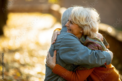 Senior couple hugging in au...
