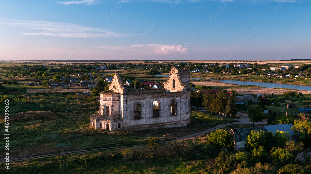 Church of St. George. Ruins of catholic church in sammer sunset.