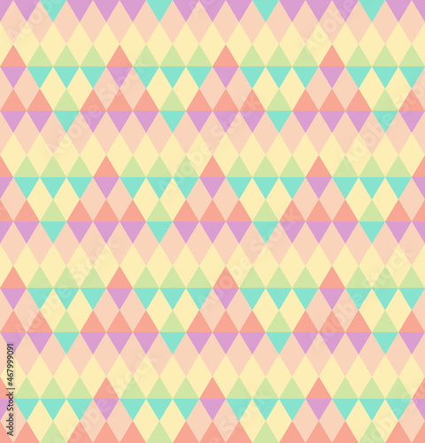 Seamless abstract background pattern. Colorful tones, green, red, pink, yellow. Geometric, diamond shape, triangle. Texture design for cover, banner, flyer, poster, tile, wall. Vector illustration.