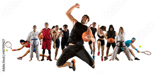 Sport collage. basketball, running, boxing, taekwon-do and tennis players
