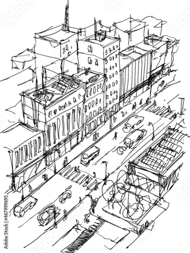 hand drawn architectural sketch of a modern city with high buildings and people and vehicles in the streets