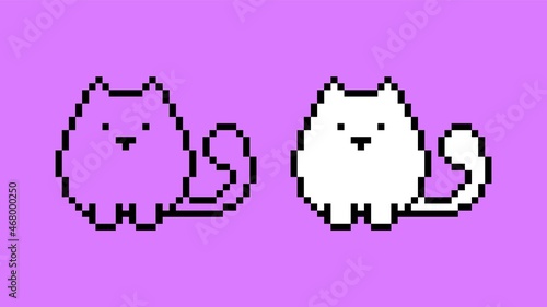 Kawaii pixel kitty. Cute fat anime cat with fluffy tail. Playable character of an 8bit arcade game with charming face. Pets vector manga mascot