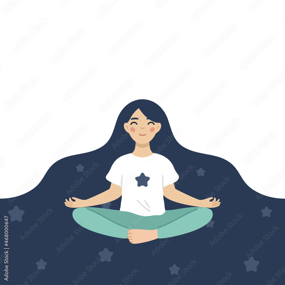 Young girl with stars in the hair relaxing in lotos pose. Kids meditation and yoga concept vector illustration.