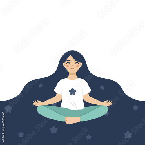 Young girl with stars in the hair relaxing in lotos pose. Kids meditation and yoga concept vector illustration.