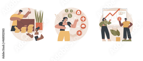 Money management abstract concept vector illustration set. Investment financial adviser, insurance broker, financial goals, income dividends, tax strategy, budget savings plan abstract metaphor.