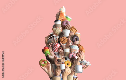 People are holding mugs and paper cups of coffee and desserts. Concept on the theme of cafes and coffee. Christmas tree.	