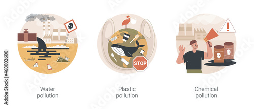 Environmental issue abstract concept vector illustration set. Water pollution, plastic ocean, landfill chemical contamination, hazardous waste, climate change, dangerous trash abstract metaphor.