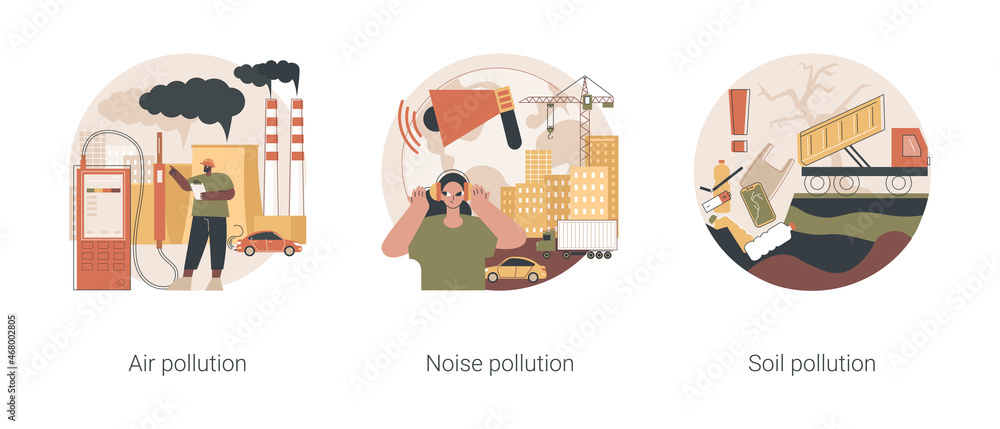Ecological problem abstract concept vector illustration set. Air and noise pollution, soil contamination, urban smog, vehicle exhaust, global warming, land degradation, environment abstract metaphor.