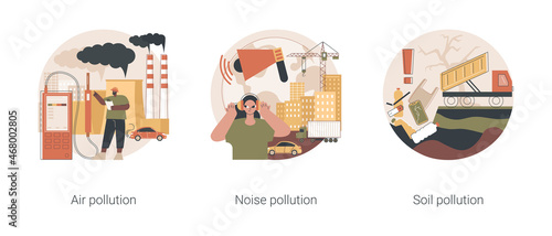 Ecological problem abstract concept vector illustration set. Air and noise pollution, soil contamination, urban smog, vehicle exhaust, global warming, land degradation, environment abstract metaphor.