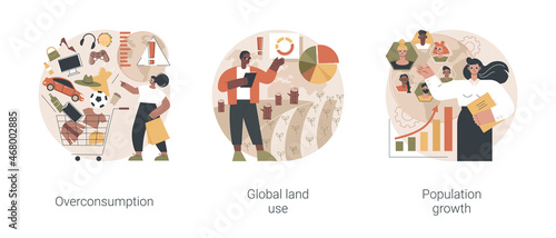 Global environmental data abstract concept vector illustration set. Overconsumption, global land use, population growth, overpopulation problem, consumer society, urbanization abstract metaphor.